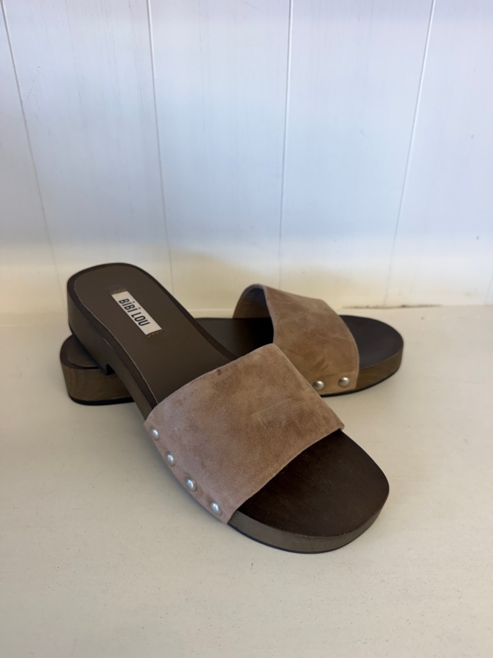 Anthropologie Taupe Suede Slide Sandals with Stud Accents